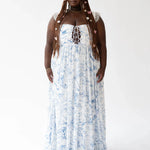 Front view of the Blue Toile Angel Dress featuring a lace-up corset bodice and flowing toile skirt.