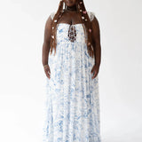 Front view of the Blue Toile Angel Dress featuring a lace-up corset bodice and flowing toile skirt.