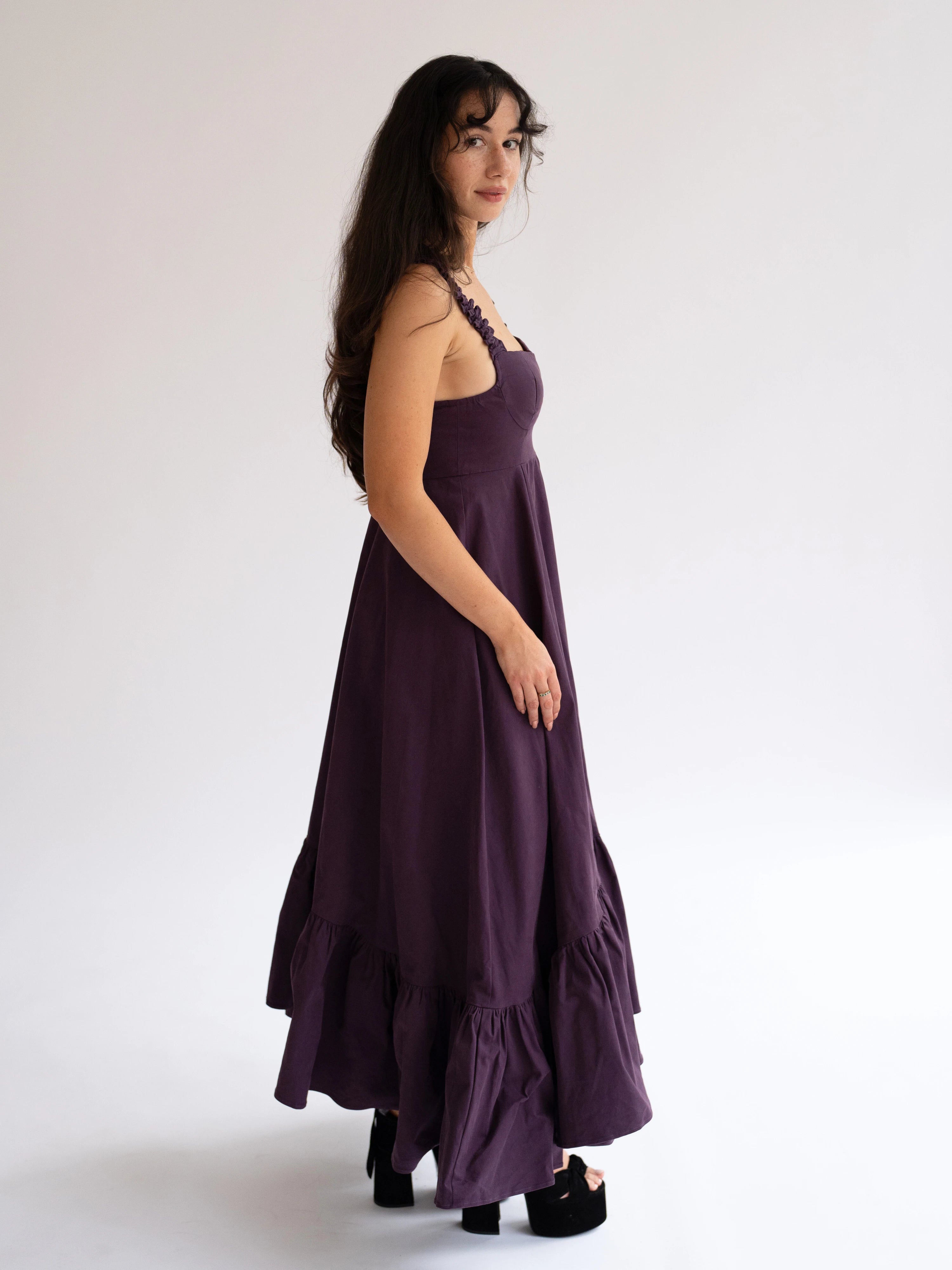 Regal purple, heavy cotton midi dress with ruffled hem and tank-style bodice.