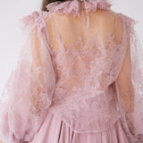 Close-up of back detailing on Eleanor Dusty Pink Lace Blouse with sheer floral lace, ruffle collar, and dotted mesh texture for a delicate finish.