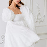 Ivory Fairy Puff Sleeve Dress with embroidered lace and voluminous sleeves, styled for romantic women's dresses & gowns collection.