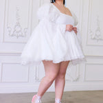 Ivory Fairy Puff Sleeve Dress styled with pink heels and lace socks, showcasing flared skirt and puff sleeves for women's fashion.