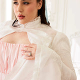 Close-up of the Ivory Lady Elizabeth Bolero Jacket with delicate embroidery, fringe details, and high ruffled collar for a vintage look.