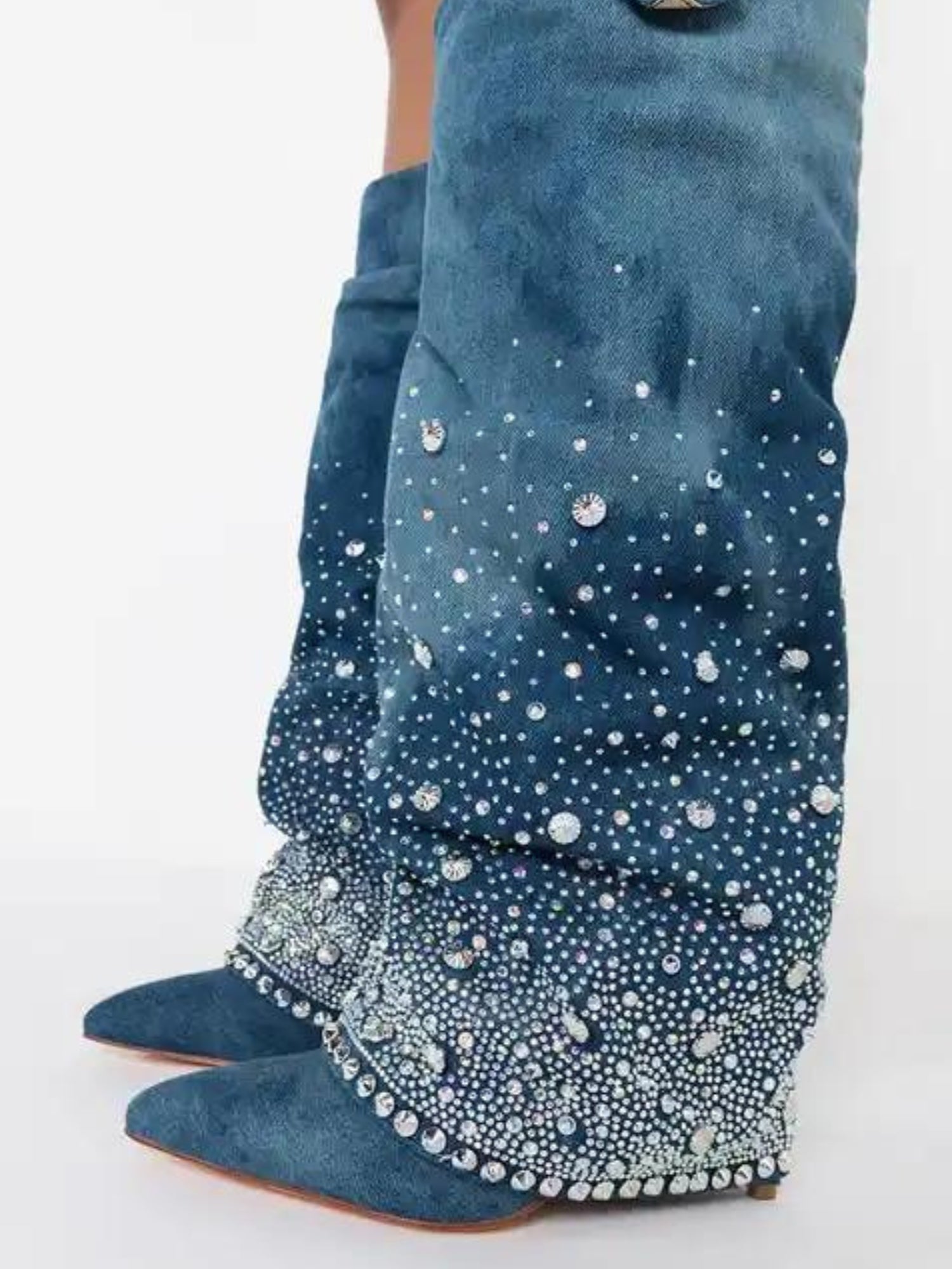 Embellished blue azalea wang bedazzled denim jeans with silver studs from hem to knee