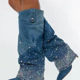 Teal suede Azalea Wang bedazzled denim boots with sparkling rhinestones in gradient pattern