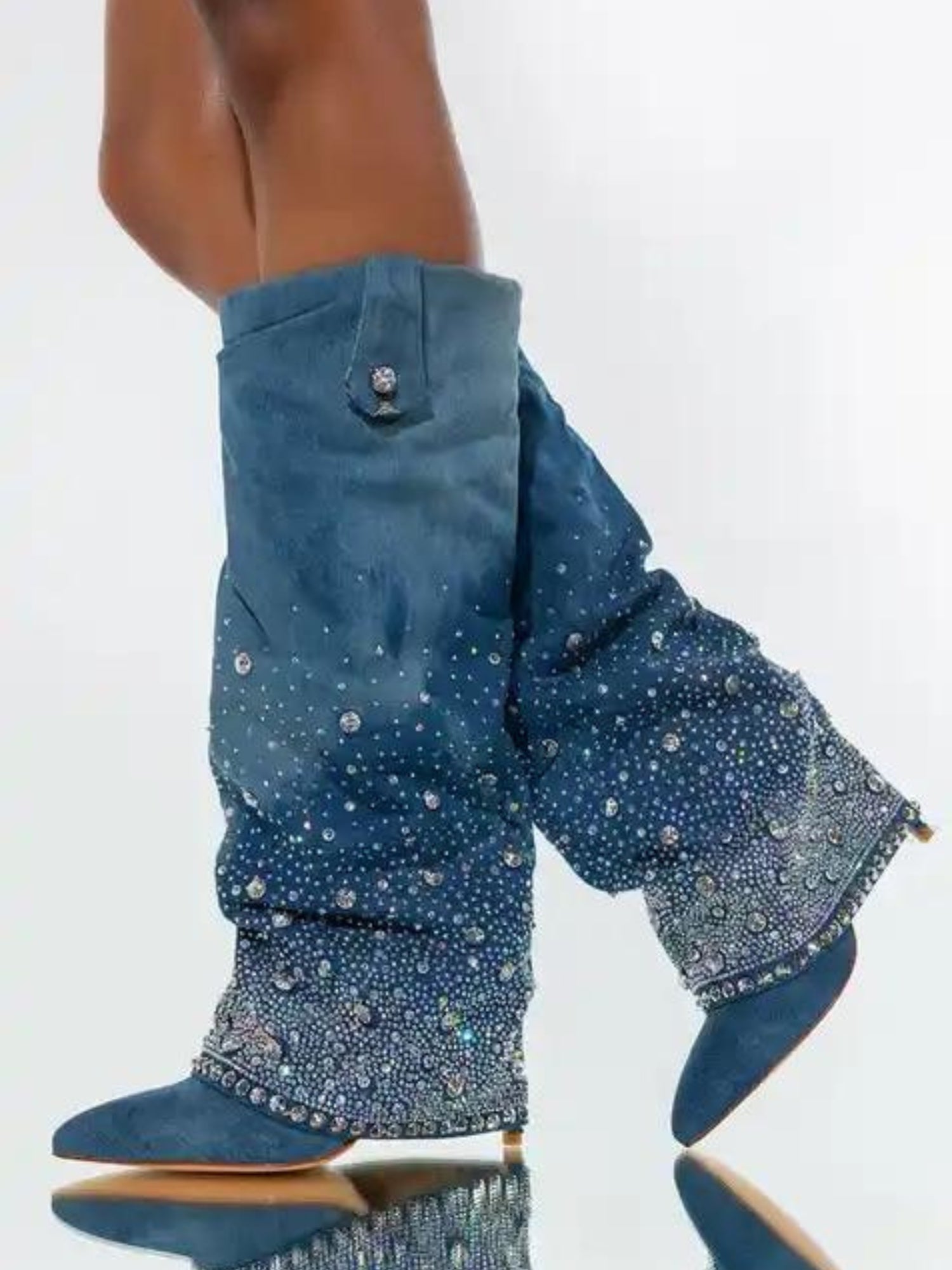 Teal suede Azalea Wang bedazzled denim boots with sparkling rhinestones in gradient pattern