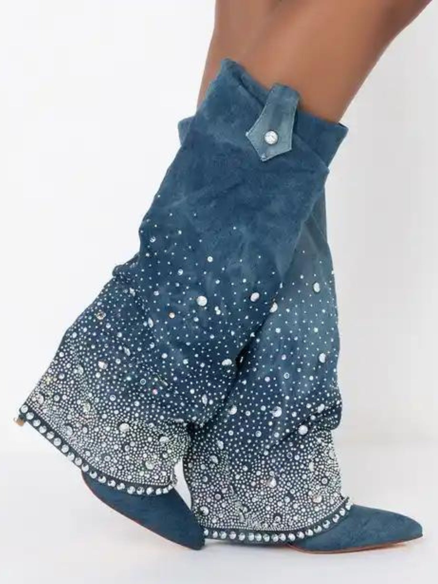 Teal suede boots with crystal embellishments from Azalea Wang’s bedazzled denim collection