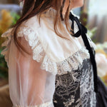 Close-up view of the ciela snow white shrug top's organza sleeves.