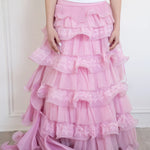 The Dahlia Ruffle Skirt | Fantasy Skirts close-up of front layers, showcasing pink organza, lace detailing, and detachable train attachment.