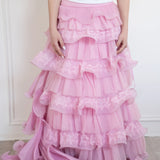 The Dahlia Ruffle Skirt | Fantasy Skirts close-up of front layers, showcasing pink organza, lace detailing, and detachable train attachment.