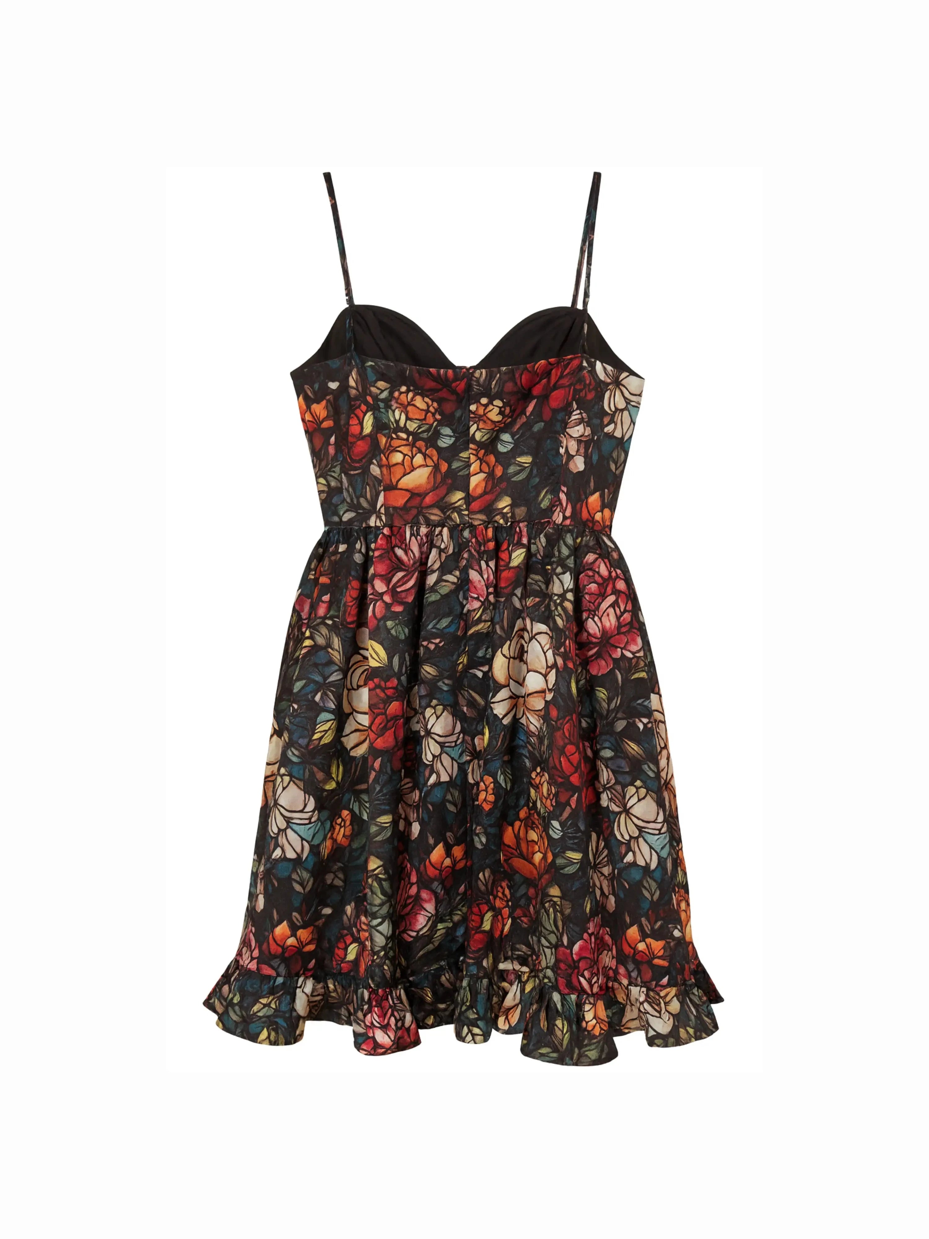 Floral stained glass print on a satin mini dress with black straps against a white background.