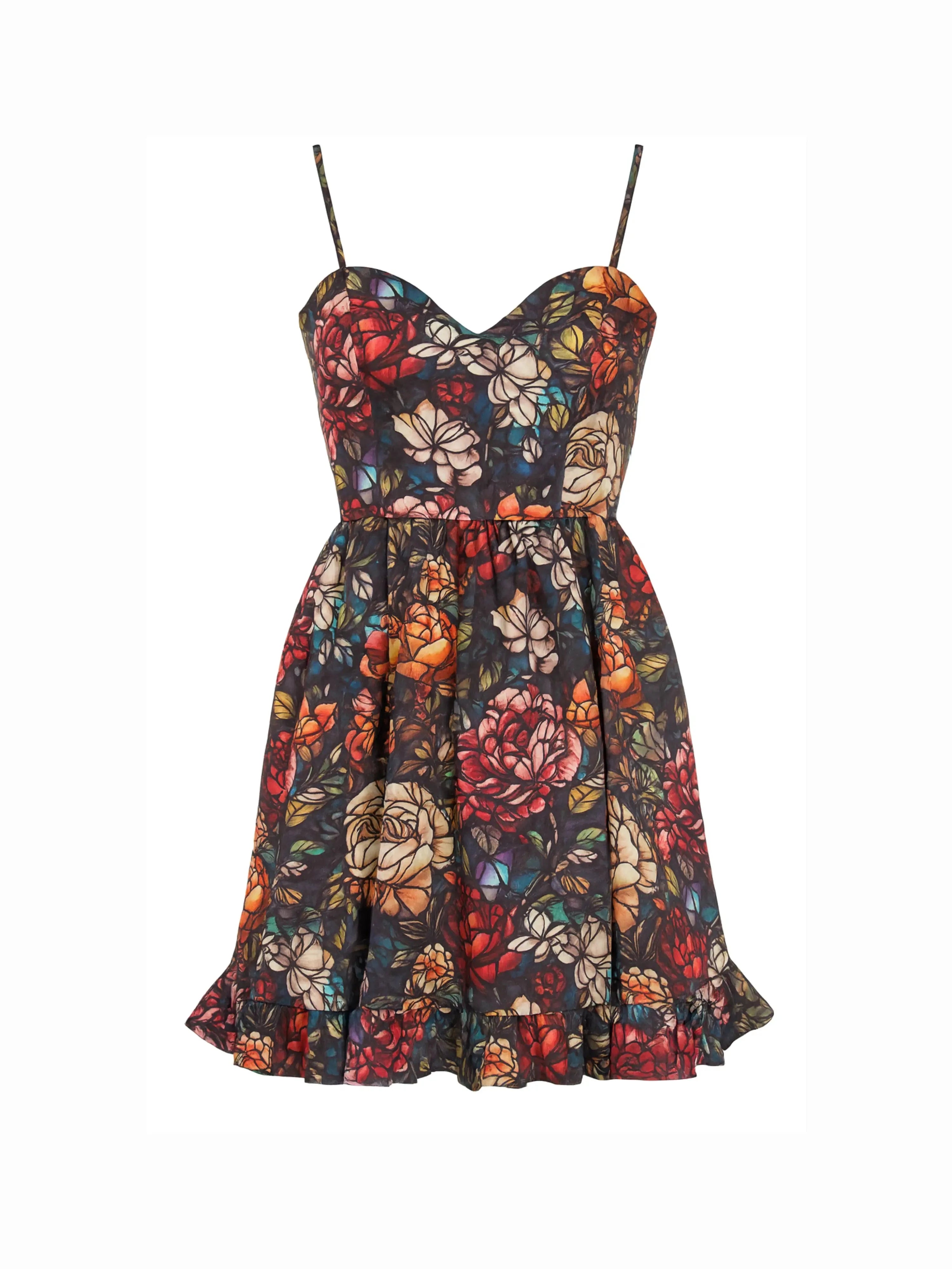 Floral stained glass pattern on a satin mini dress against a white background