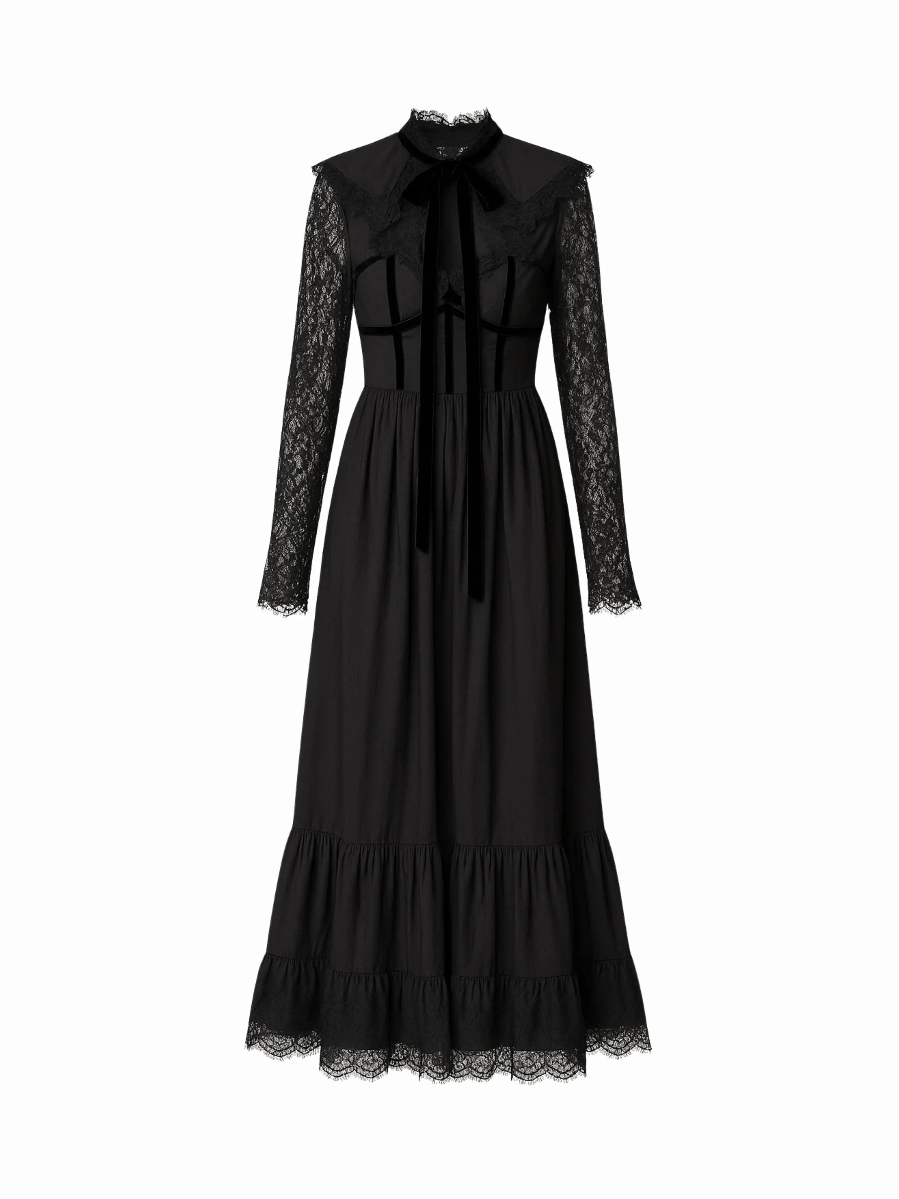 Black cotton dress called the Eveline dress, with lace details on a white background.