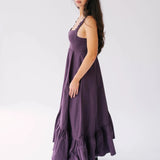 Side view of The Everyday Cotton Midi Dress showing Victorian-inspired silhouette and heavy cotton fabric for daily comfort.