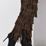 Side profile of The Fringe Thigh High Boots by Azalea Wang featuring pointed toes, stiletto heels, and cascading studded fringe details.
