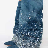 Embellished blue azalea wang knee high denim boots with silver crystal studs.
