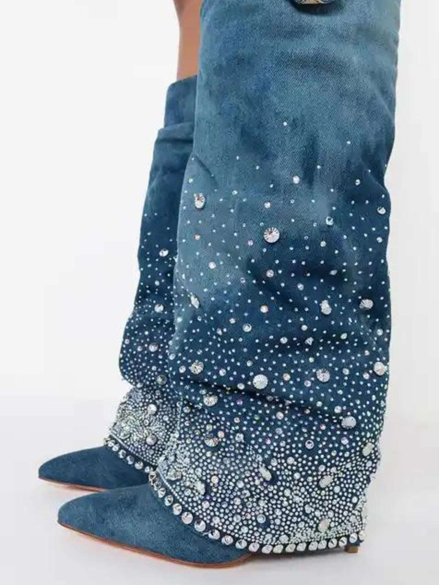 Embellished blue azalea wang knee high denim boots with silver crystal studs.