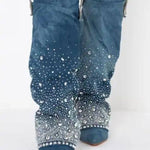 Teal suede boots with rhinestones, The Allo Bedazzled Knee High Denim by Azalea Wang.