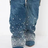 Teal suede boots with rhinestones, The Allo Bedazzled Knee High Denim by Azalea Wang.