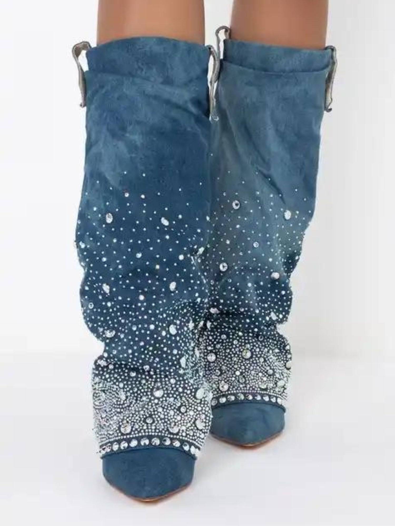 Teal suede boots with rhinestones, The Allo Bedazzled Knee High Denim by Azalea Wang.
