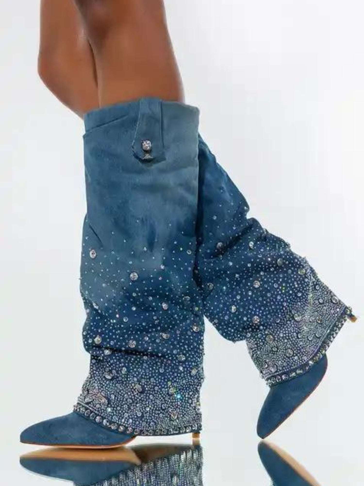 Teal suede knee high denim boots by Azalea Wang featuring sparkling rhinestones in gradient pattern.