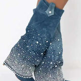 Teal suede knee high denim boots with crystal embellishments from Azalea Wang’s bedazzled denim collection.