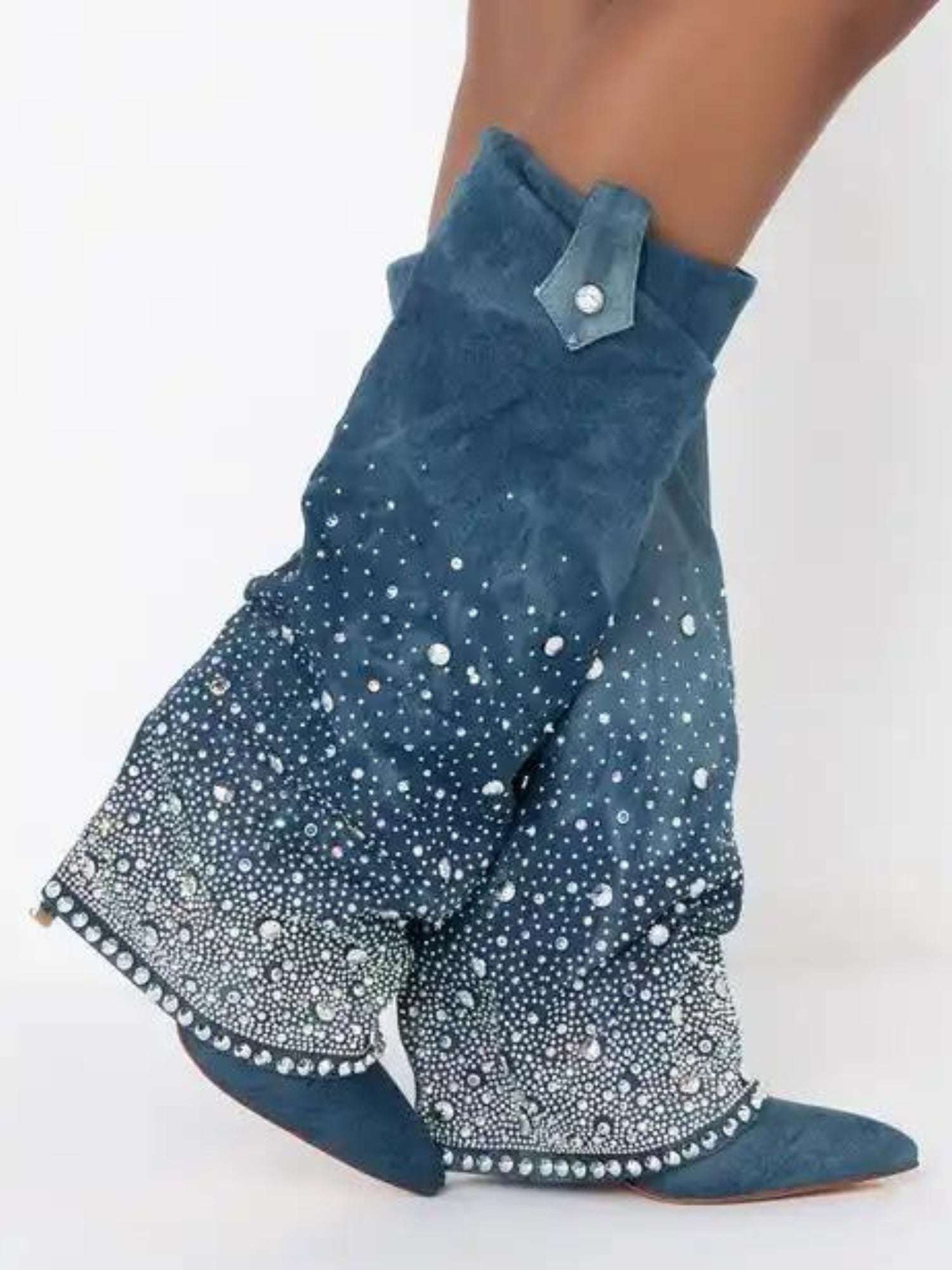 Teal suede knee high denim boots with crystal embellishments from Azalea Wang’s bedazzled denim collection.
