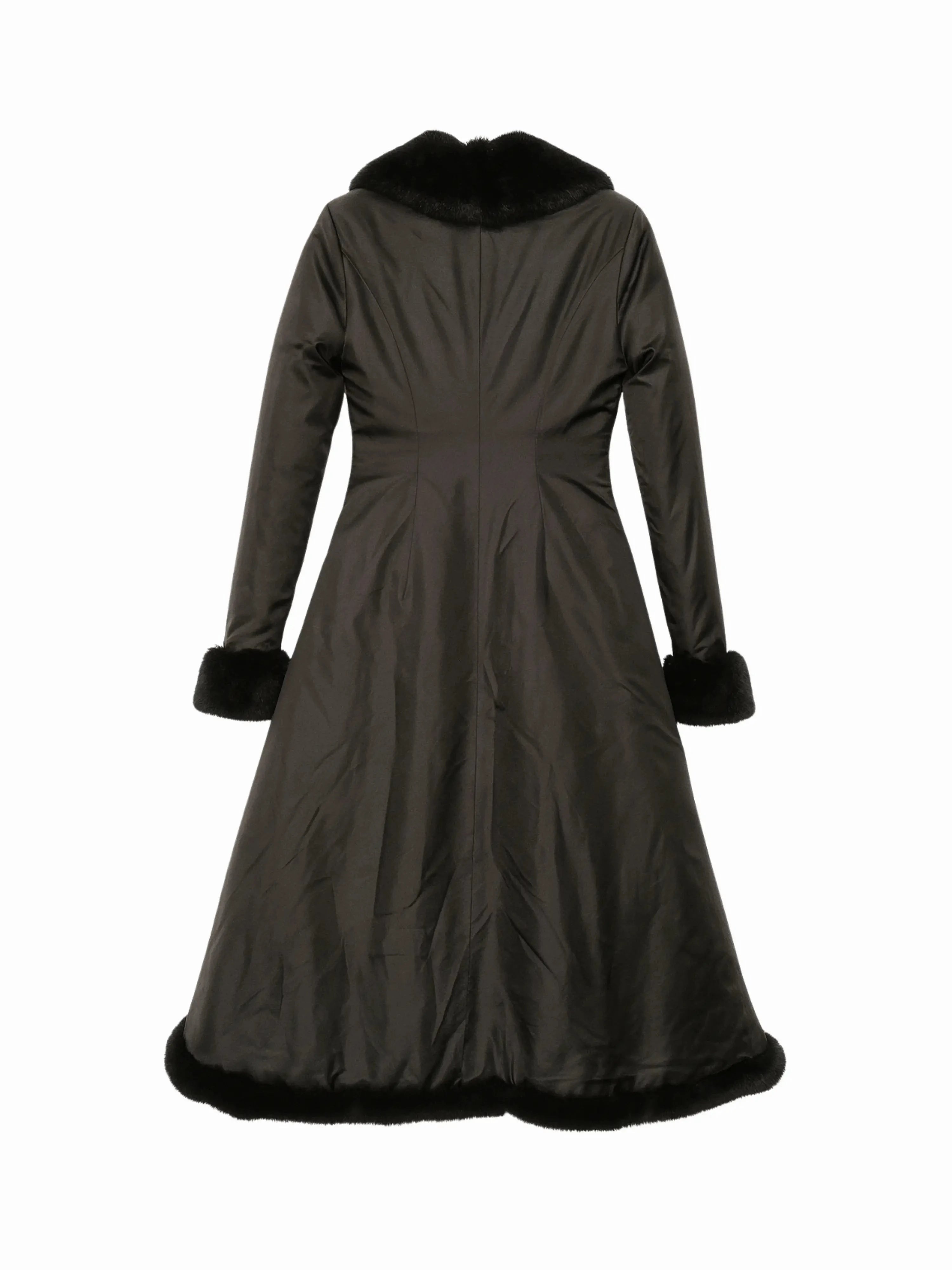 Back view of the Stained Rose Lilith Coat with fur trim on a white background