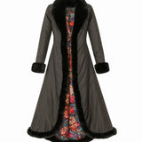 Long black coat with floral lining on a white background