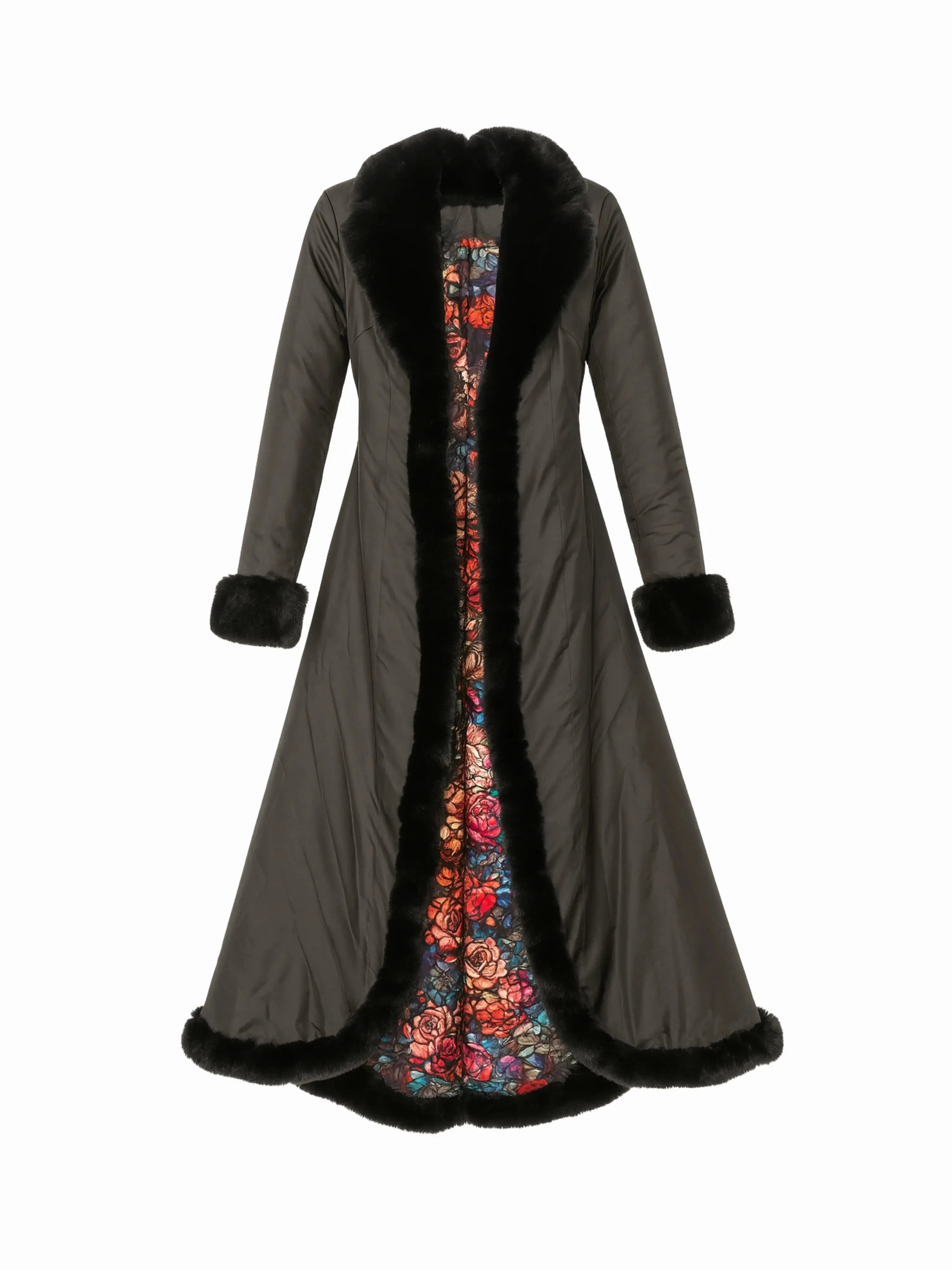 Long black coat with floral lining on a white background