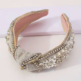 Ornate Luxe Tweed Headband with crystals and beads on velvet for a stunning gown accessory.