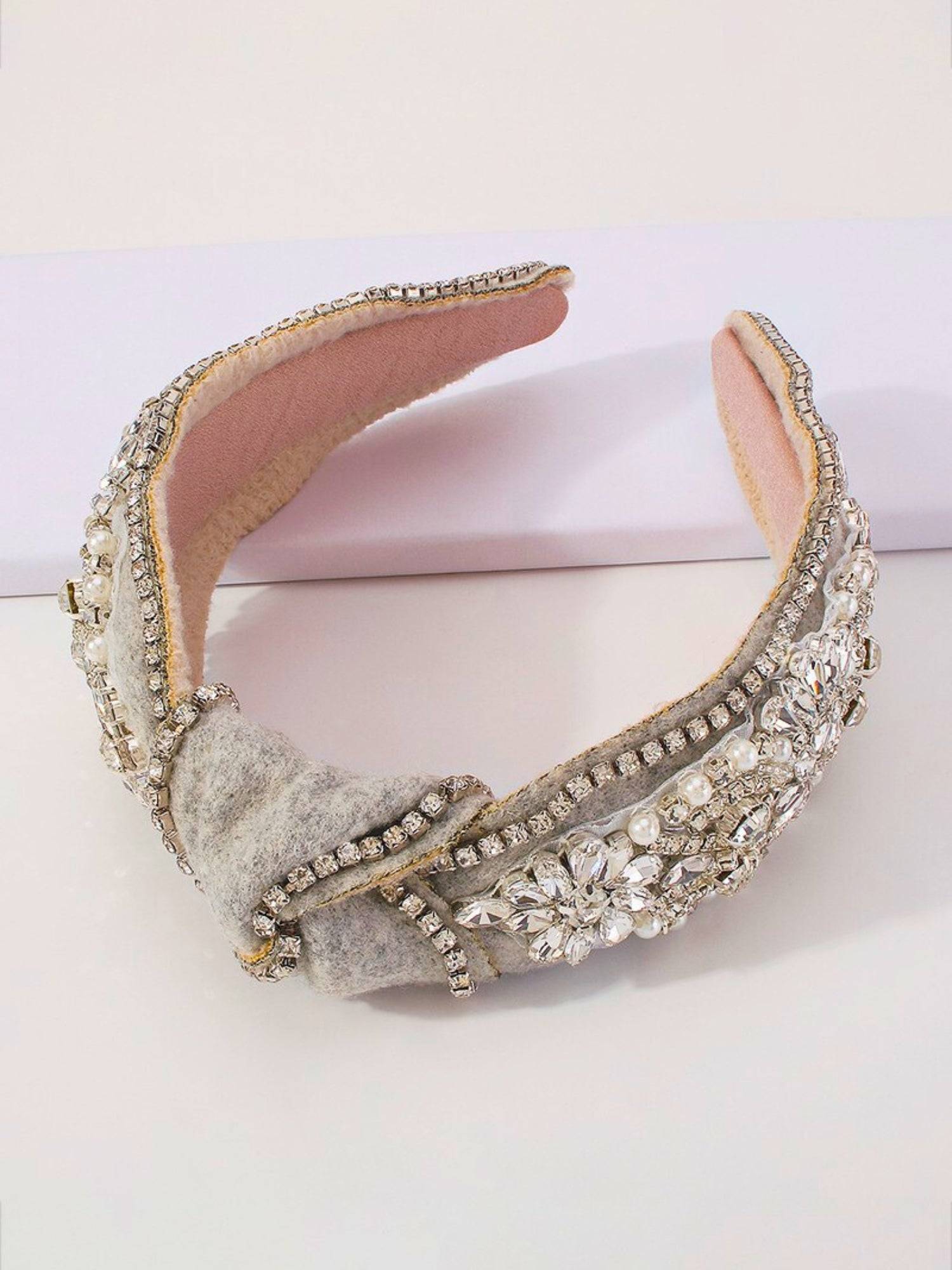 Ornate Luxe Tweed Headband with crystals and beads on velvet for a stunning gown accessory.