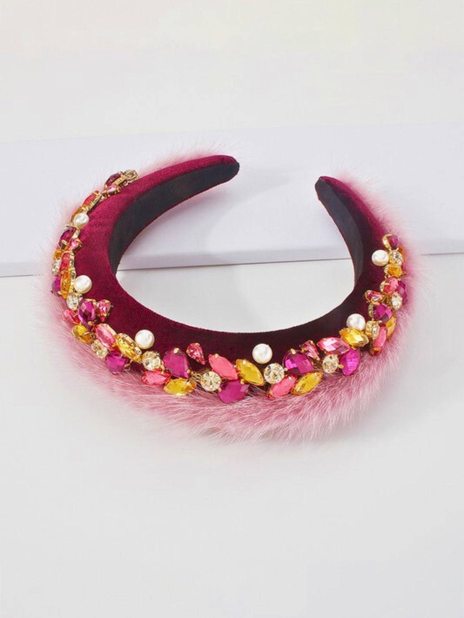 Handmade purple velvet headband with pink faux fur and jeweled embellishments, ideal for adding a regal touch to winter accessories.