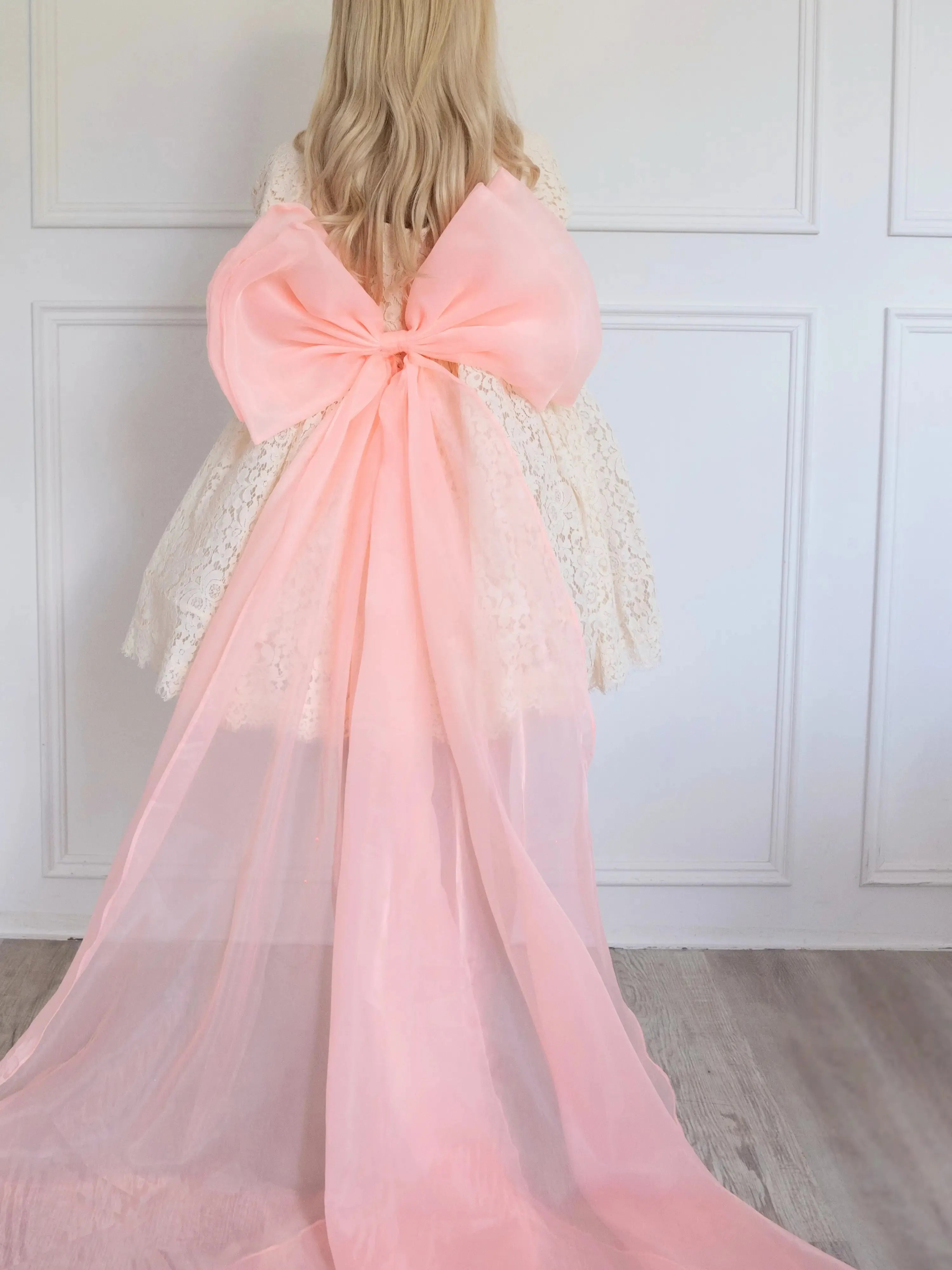 Romantic Tastes Like Peaches Grand Bow Belt with dramatic long organza tails, perfect for fairytale-inspired outfits and special occasions.