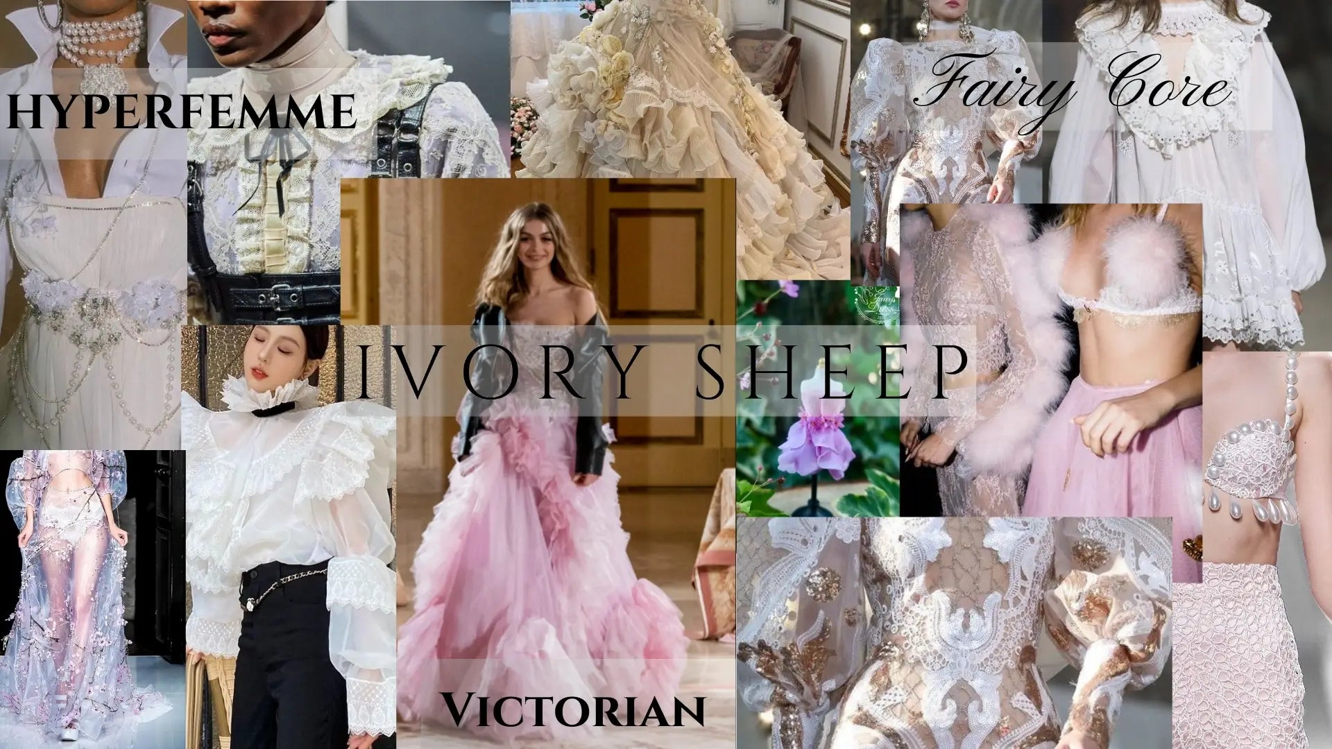 Fashion mood board showcasing romantic styles in pastel colors for Ivory Sheep launch date.