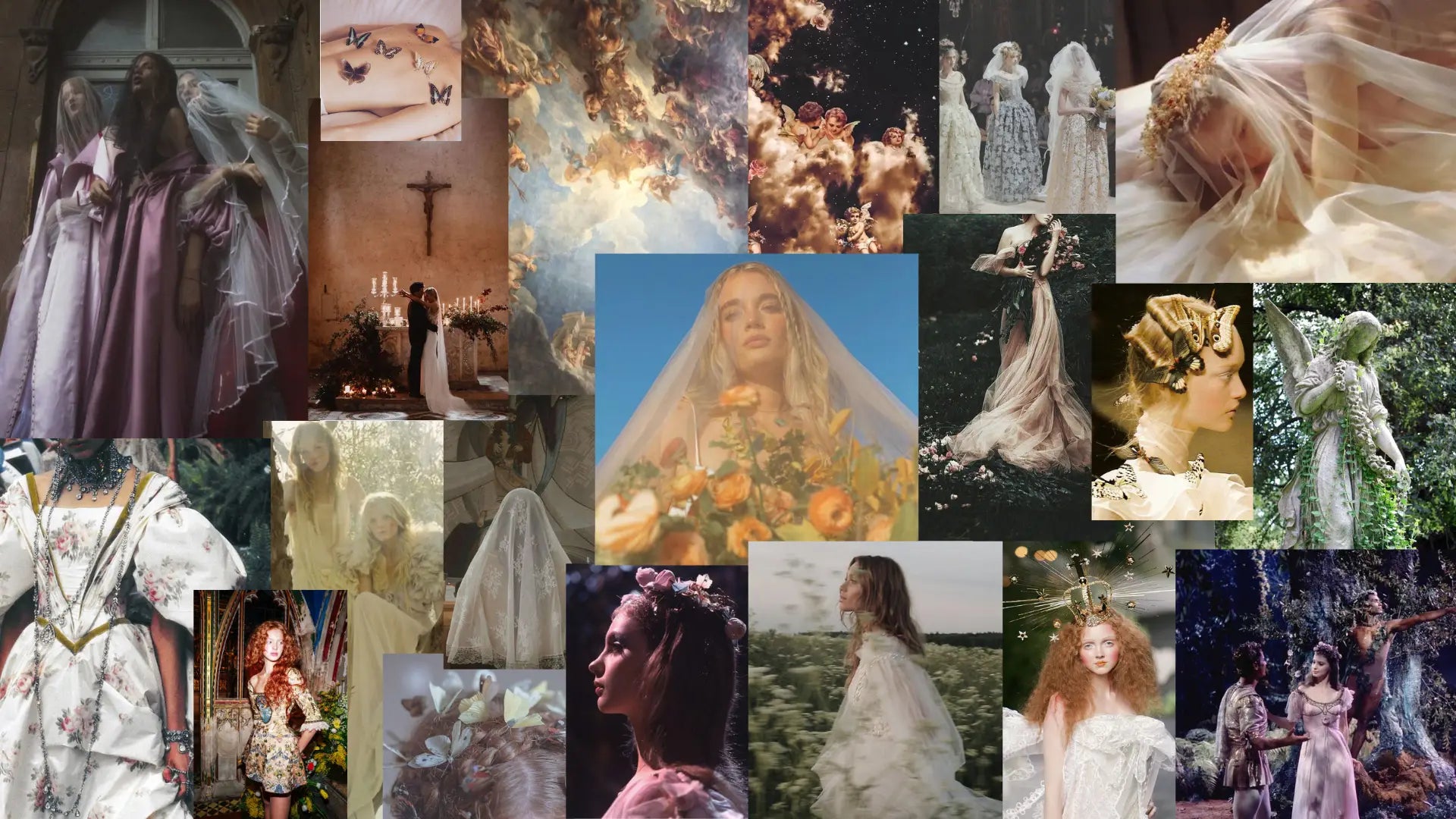 Collage of ethereal wedding dresses in empty gardens with tea-stained lace details.