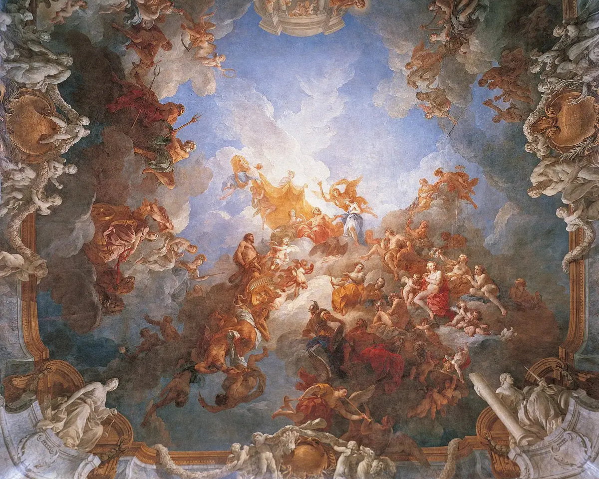 Ornate ceiling fresco depicting Romulus pleads in a heavenly scene with clouds and figures.