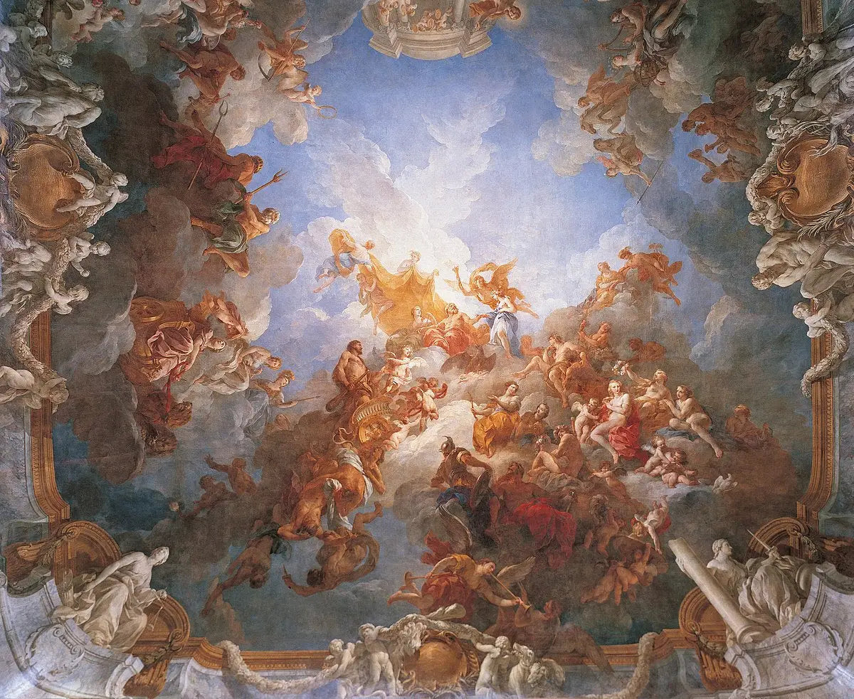 Ornate ceiling fresco depicting Romulus pleads in a heavenly scene with clouds and figures.