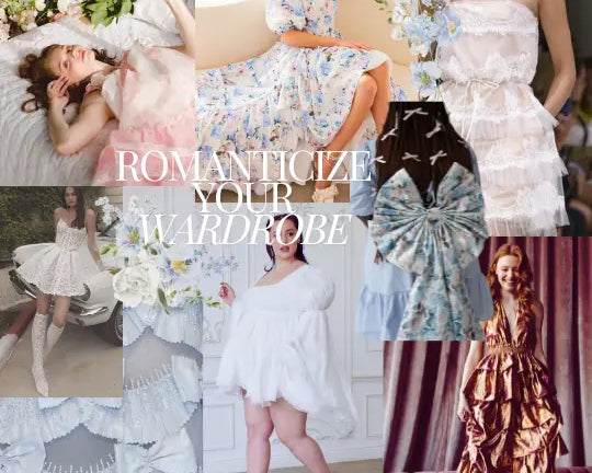 Romantic fashion collage with floral dresses and lace, featuring Lele Sadoughi and Kate Spade.
