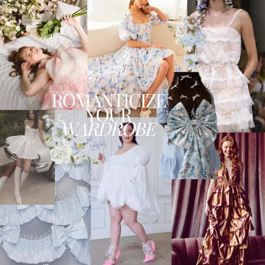 Romantic fashion collage with floral dresses and lace, featuring Lele Sadoughi and Kate Spade.