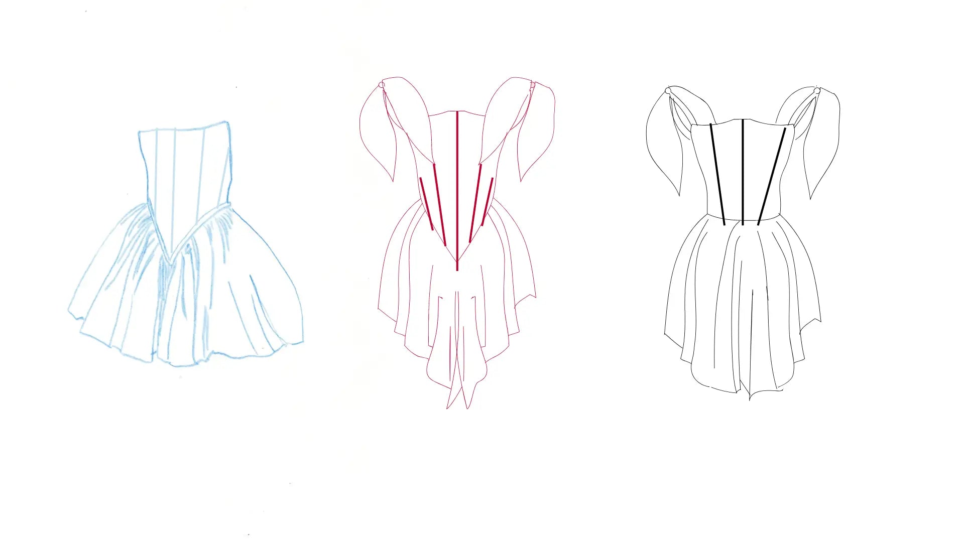 Three sketches of dresses showcasing unique bodice designs and skirt styles in high quality.