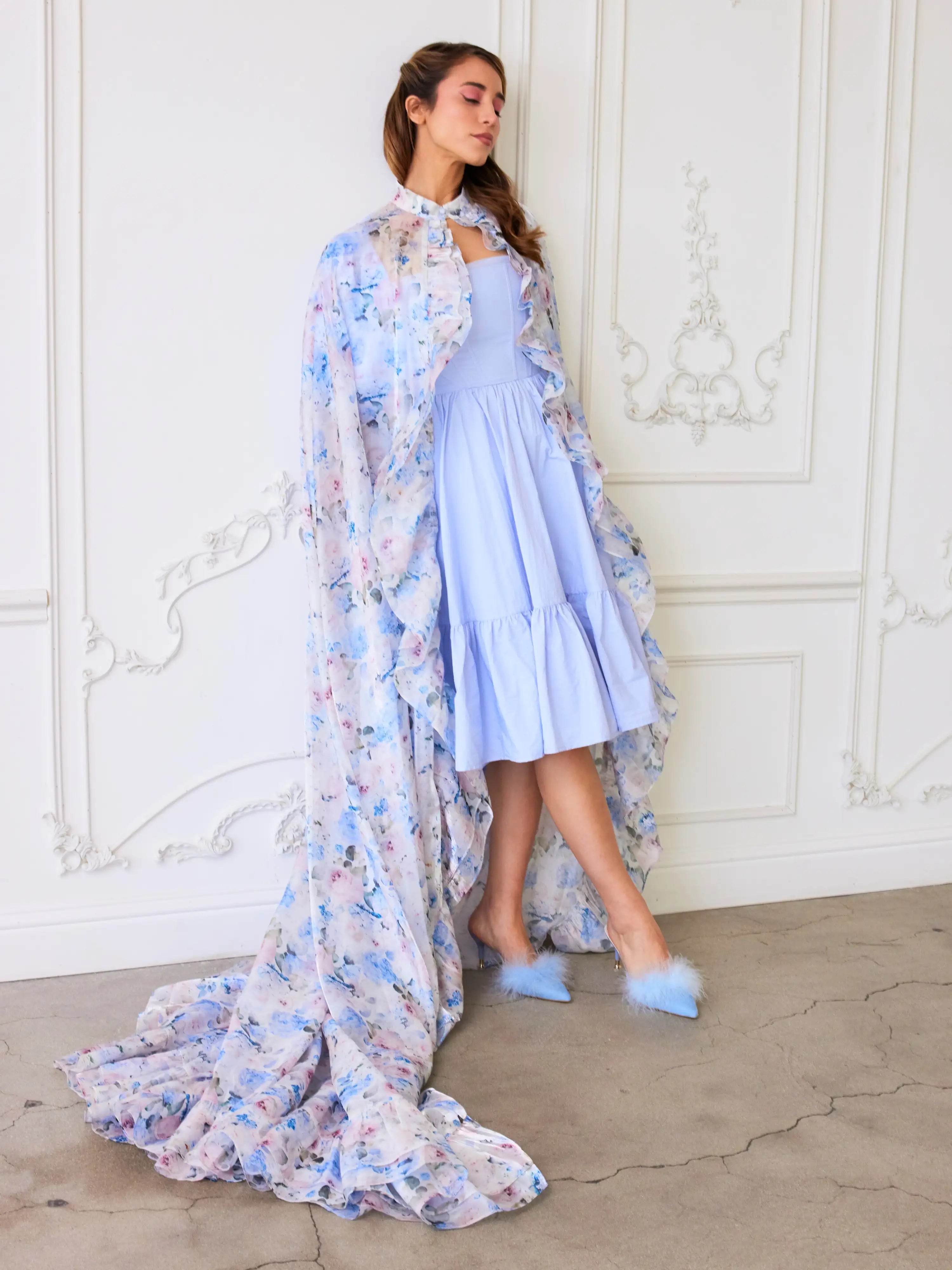 The Alice Blue Josephine Midi Gown - Discover the enchanting allure of the Josephine Midi Dress, a dreamy confection in the softest Alice blue. Crafted from luxurious nylon taffeta, this dress is a poetic ode to femininity, blending timeless elegance with