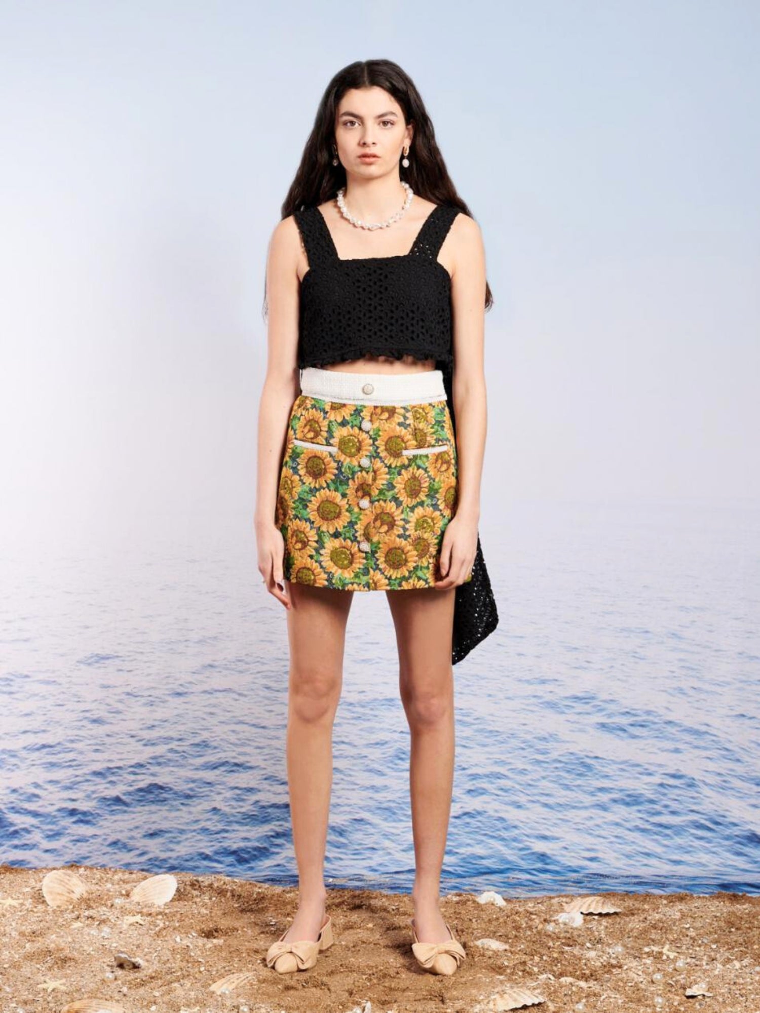 Warm Seas Tweed Mini Skirt - The Warm Seas Tweed Mini Skirt by Sister Jane is designed with a sunflower tapestry fabric. Detailed with a contrast tweed waistband outlined with braid trim. Complete with decorative stand out pearl buttons. - Ivory Sheep Col