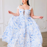 The Blue Toile Lovers Gown - The Lovers Gown; a poetic expression of romance and elegance, rendered in the timeless beauty of blue toile. This gown is a sartorial sonnet, crafted for those who find their hearts intertwined with the threads of whimsy and w