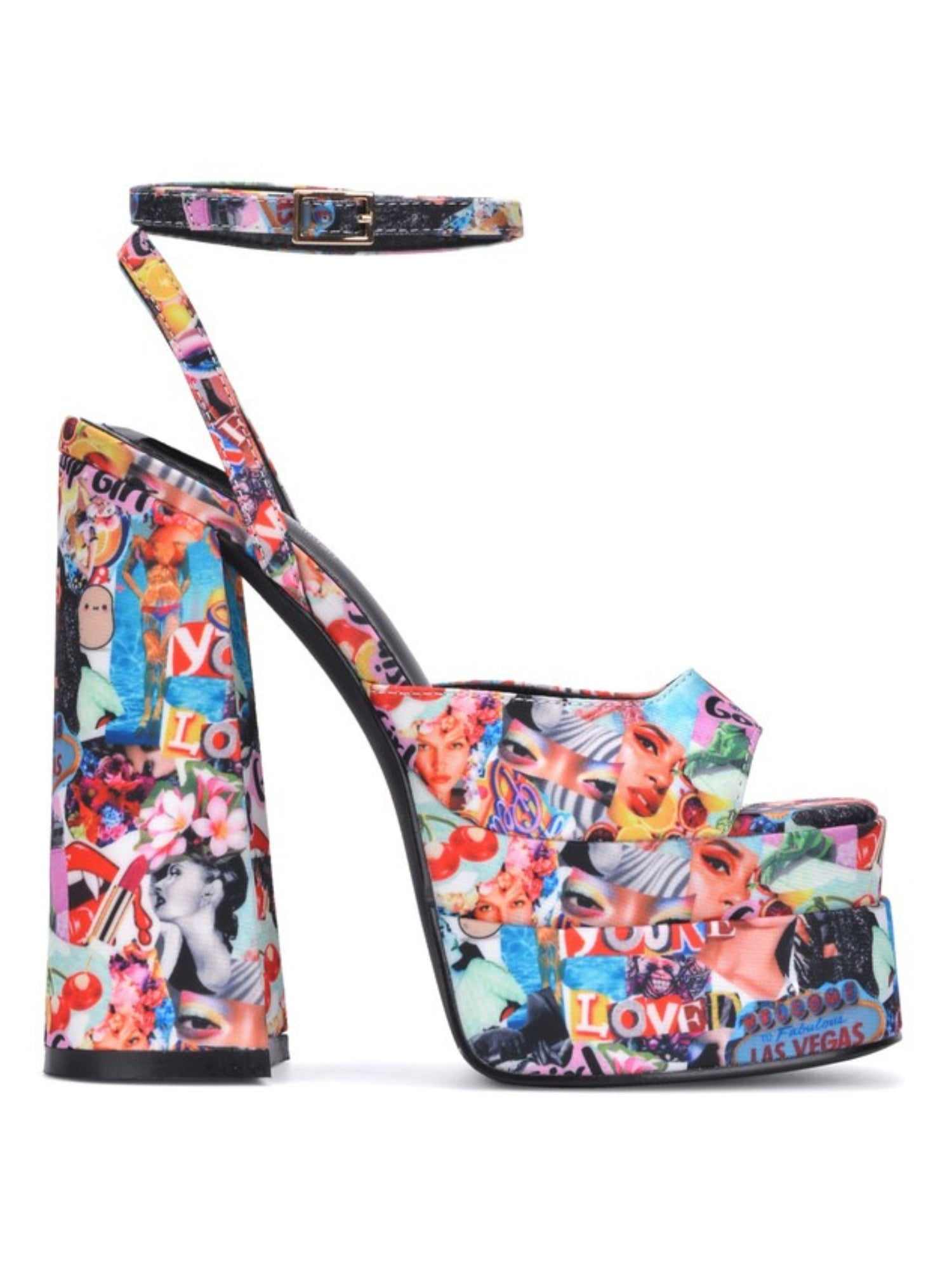 Cover Me In Pop Culture Platform - These are for all you shoe collectors out there. The Cover me in Pop Culture platform features a magazine cut out style print, and a wrap around ankle strap. The platform is 6 inches and the front platform is 2 inches wi