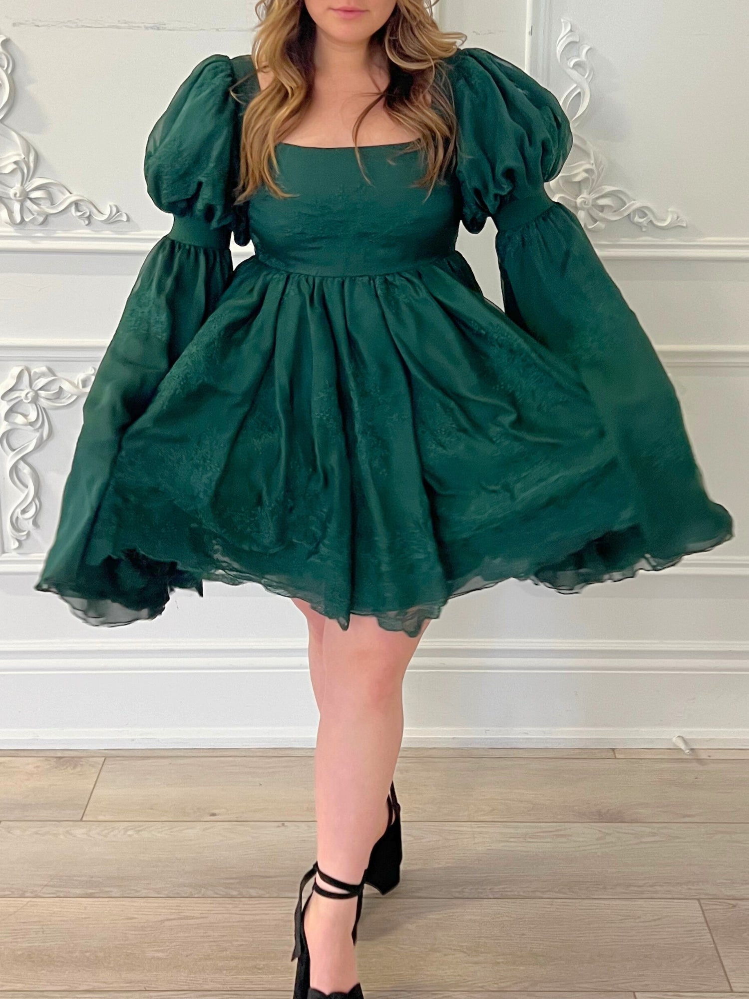 The Woodland Fairy Puff - A dress that is sure to stun, this is a piece you'll never wanted to take off. The Woodland Fairy Puff was carefully hand dyed to achieve a shade of green that can be worn year round. Extravagant bell sleeves made with multiple l