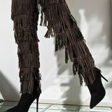 The Fringe Thigh High Stiletto Boots, Shoes, Azalea Wang - Ivory Sheep Collection Limited