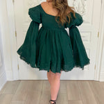 The Woodland Fairy Puff - A dress that is sure to stun, this is a piece you'll never wanted to take off. The Woodland Fairy Puff was carefully hand dyed to achieve a shade of green that can be worn year round. Extravagant bell sleeves made with multiple l