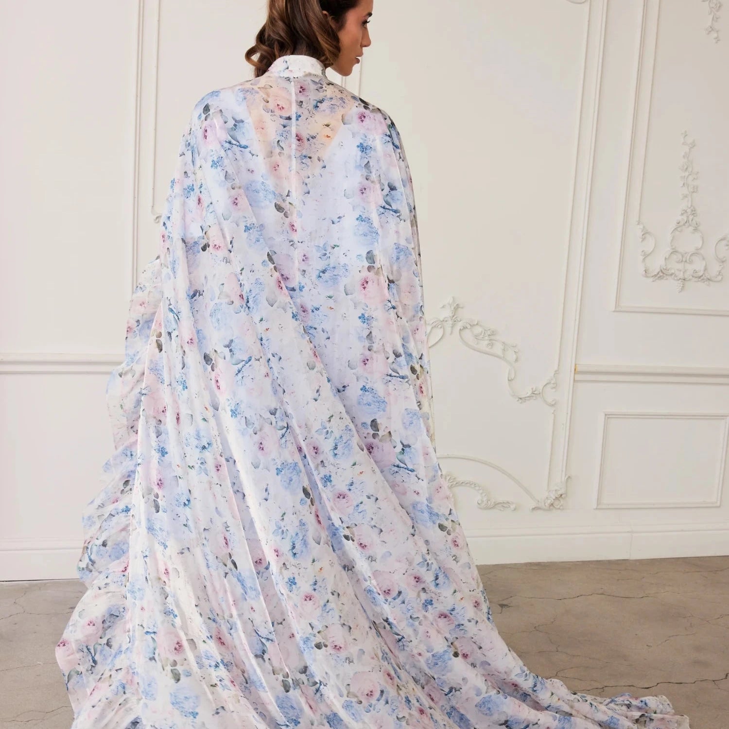 Flowing floral print gown with train and high collar from Wild Bloom Priestess Cape