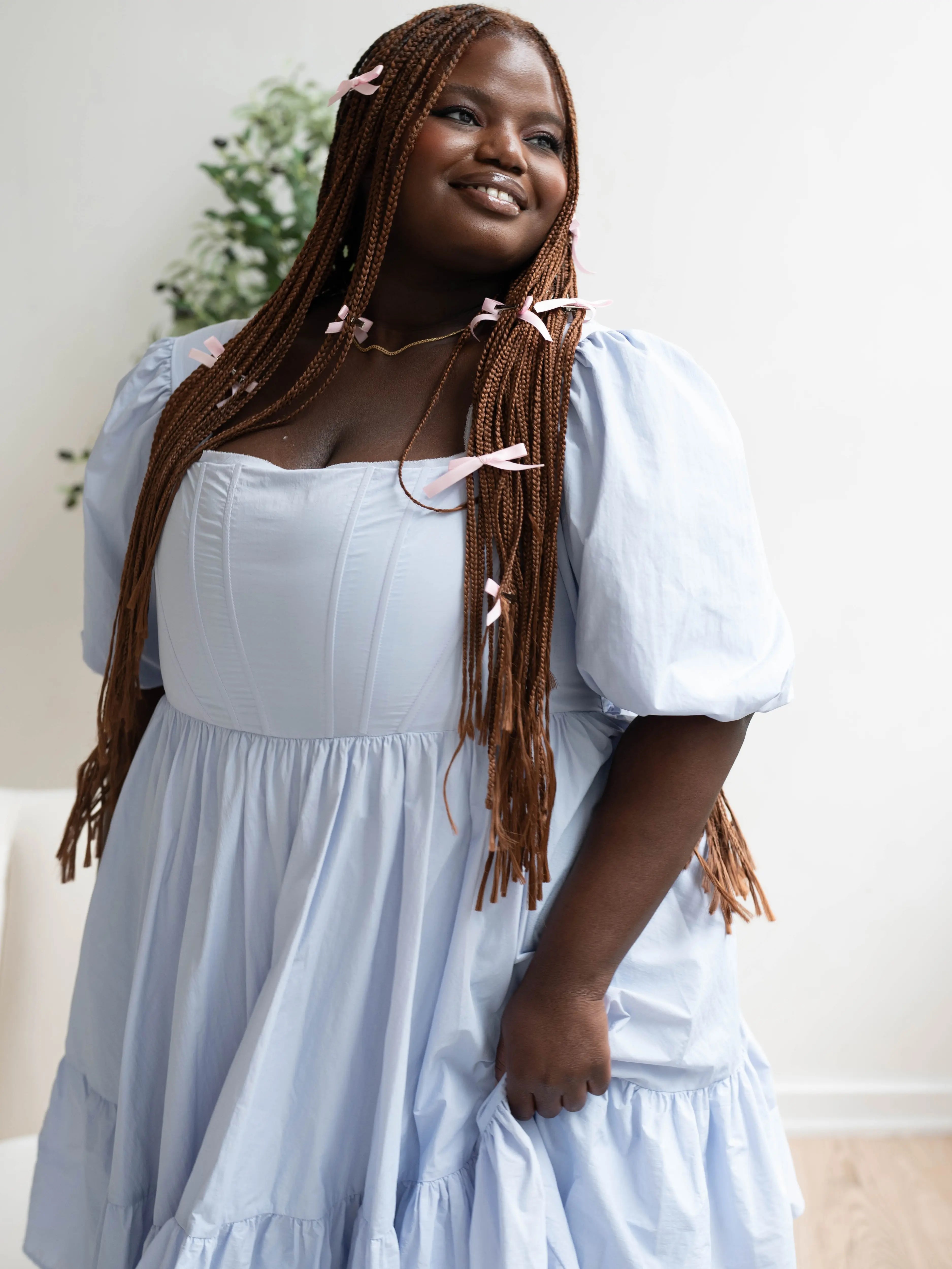 A light blue taffeta midi dress